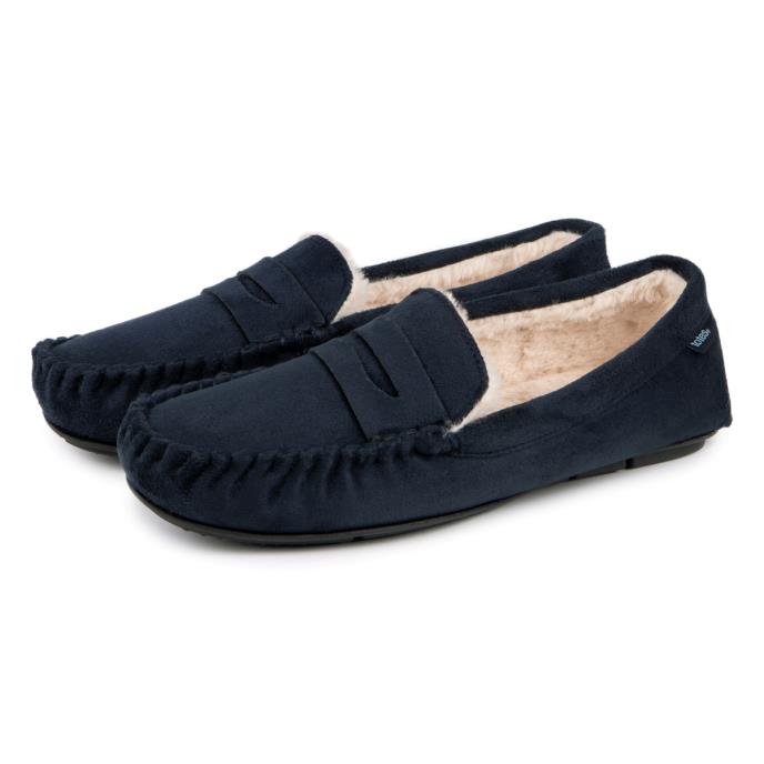 totes toasties® Mens Suedette Moccasin Slipper With Faux Fur Lining Navy Extra Image 2